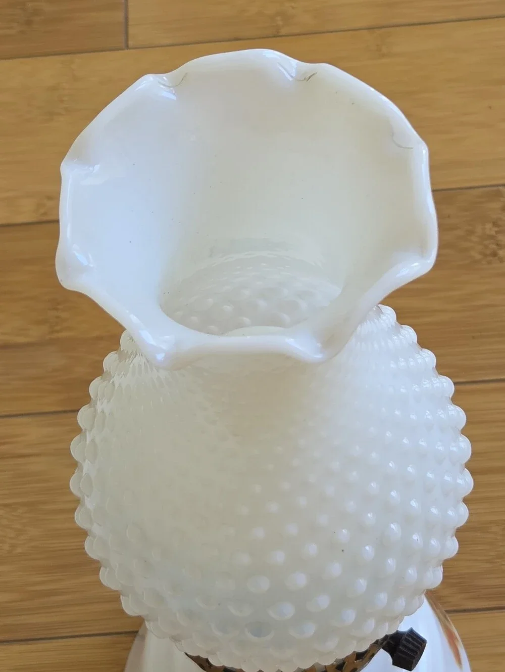 Vintage Hobnail Milk Glass Table Lamp with Floral Base Cottagecore Boudoir Lamp